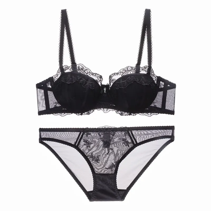 Lingerie Sexy En Dentelle Brodée Soutien-Gorge Et Culotte Avec Armatures Souples Push Up Satin Maille Respirante Sous-Vêtements En Nylon Femme