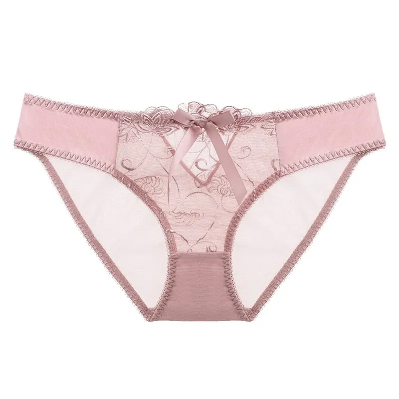 Women Sexy French Lace Mesh Panties Transparent Floral Embroidery Low Waist Briefs With Cotton Crotch Bow Underwear