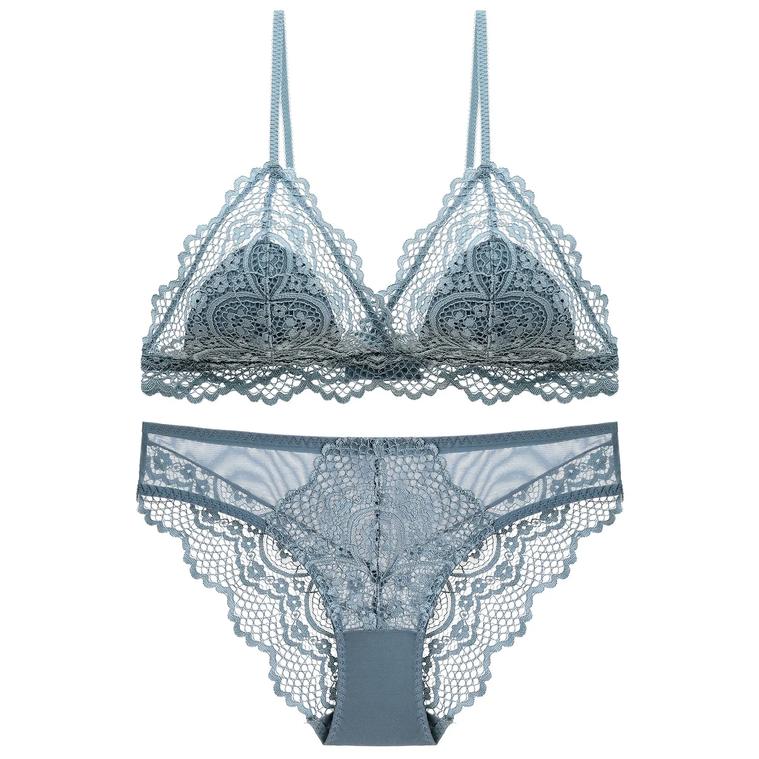 French Style Sexy Lace Bra And Panty Set Wireless Triangle Cup Lingerie For Women Breathable Thin Cotton Embroidery Top And Bottom