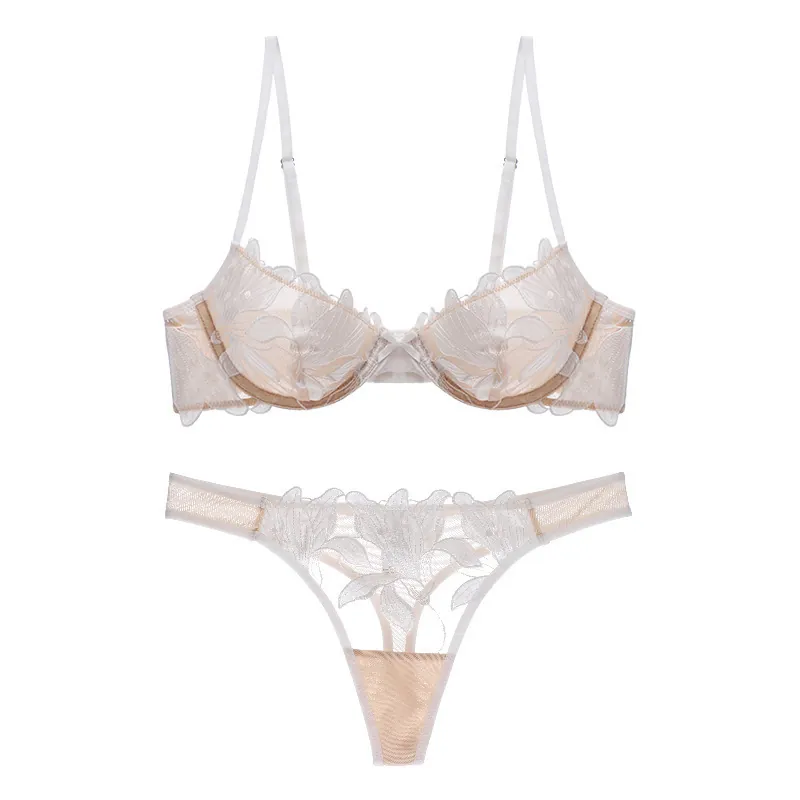 Ensemble Soutien-Gorge Sexy Français Ultra-Mince en Mesh Dentelle Patchwork Broderie Grande Taille Minimiseur Lingerie Haut Et Bas