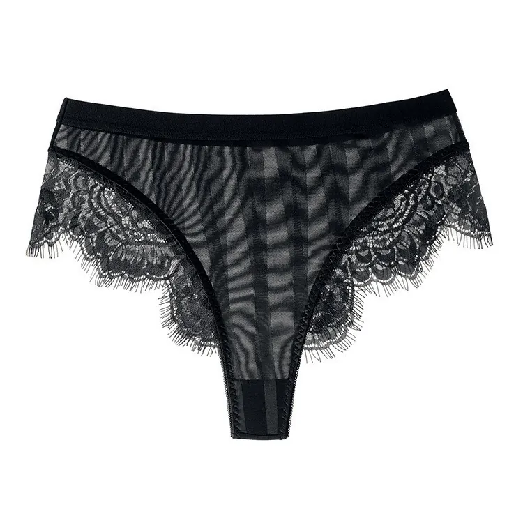 Women Sexy Eyelash Lace Panties Ultra Thin Mesh High Waist Underwear Sheer Floral Stripe Briefs With Cotton Crotch