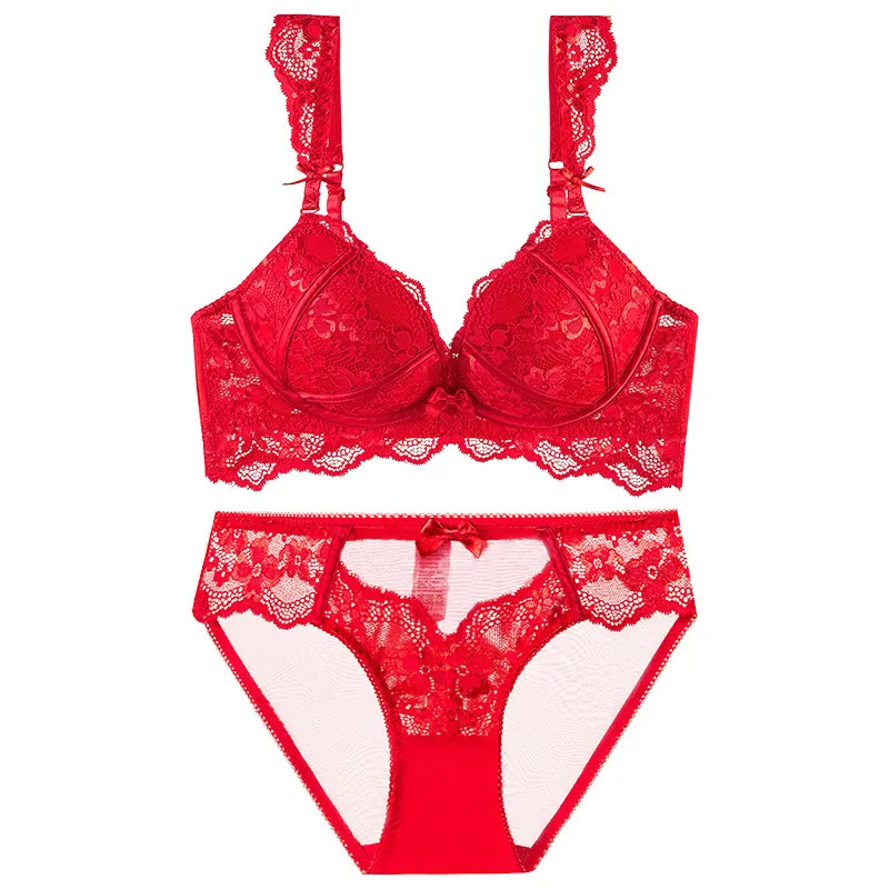 French Sexy Lace Bra And Panty Top And Bottom Wireless Push Up Underwear For Women Flutter Sleeve Floral Embroidery Lingerie