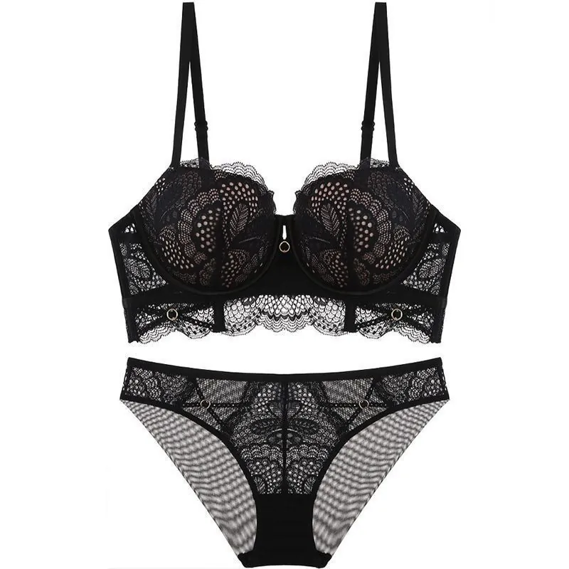 Ensemble Soutien-Gorge en Dentelle Sexy Style Français pour Femmes Push Up Brodé Floral Ensemble de Lingerie Top And Bottom
