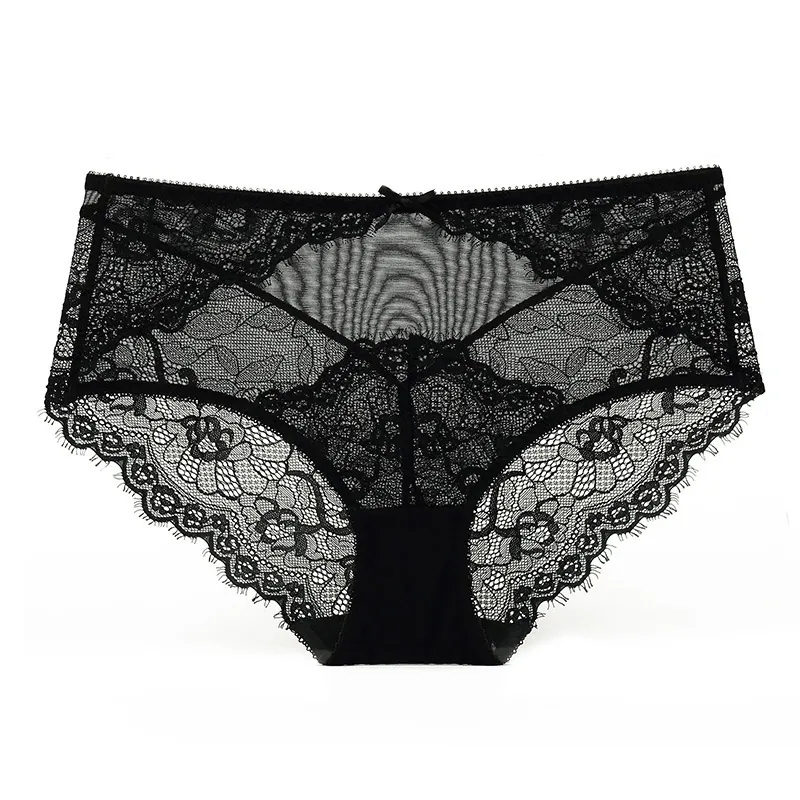 Women Sexy Transparent Lace Panties Thin Breathable Low Waist Briefs Cotton Crotch Plus Size Hollow Floral Underwear Knickers