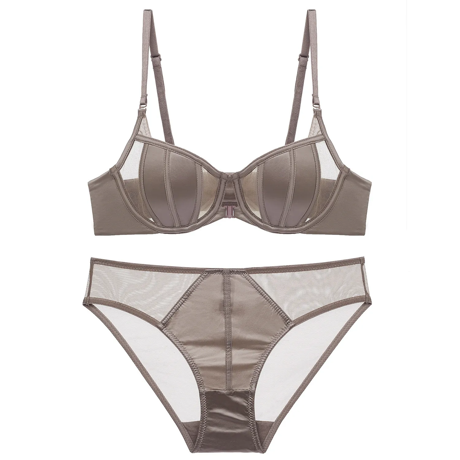 French Style Front Closure Lingerie Bra And Panty Mesh Patchwork Striped Satin Thin Cup Breathable Underwear For Women