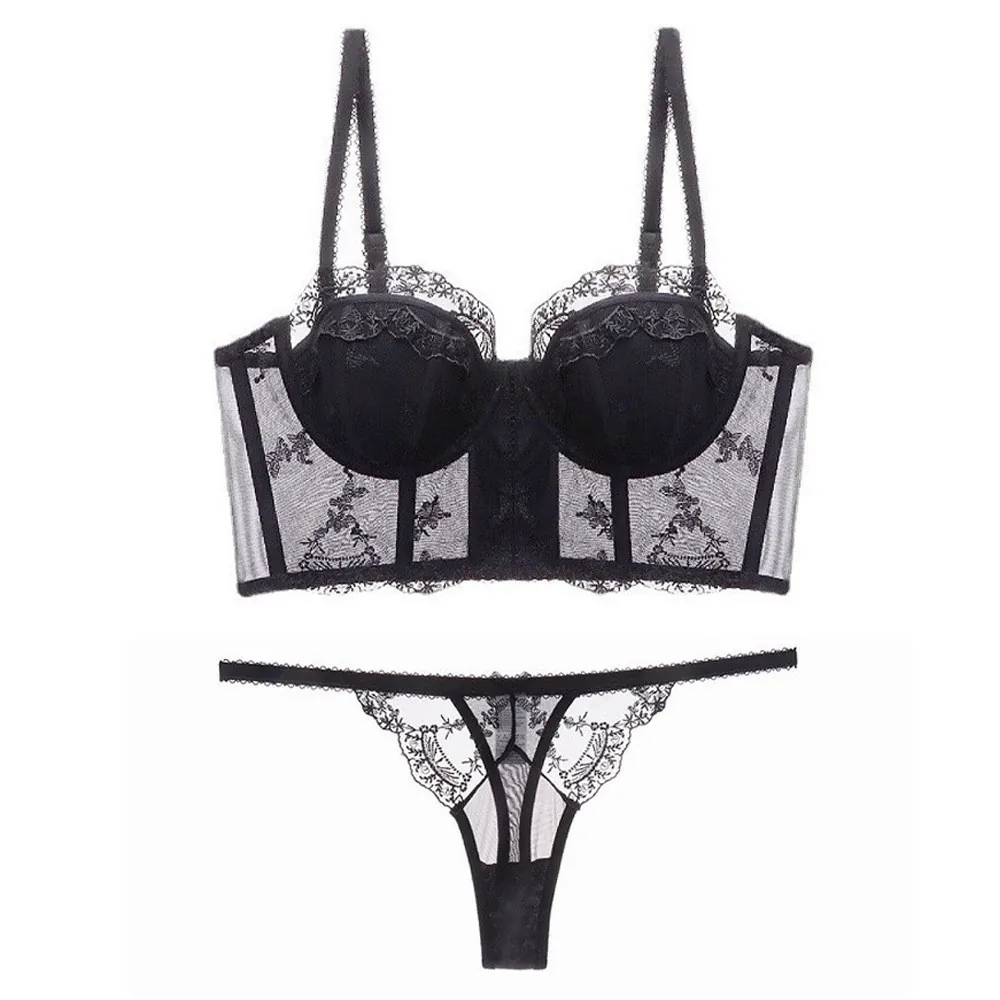 French Embroidery Lace Longline Bustier Lingerie For Women Sexy See-Through Mesh Push-Up Bra And Panty Underwired Corset Top