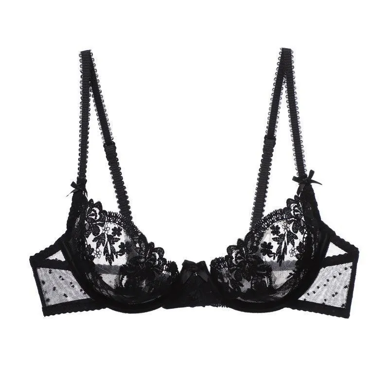 Sexy French Ultra Thin Hollow Out Lace Embroidery Bra And Panties Lingerie Underwired Floral Sheer Mesh Bow Decor Lingerie