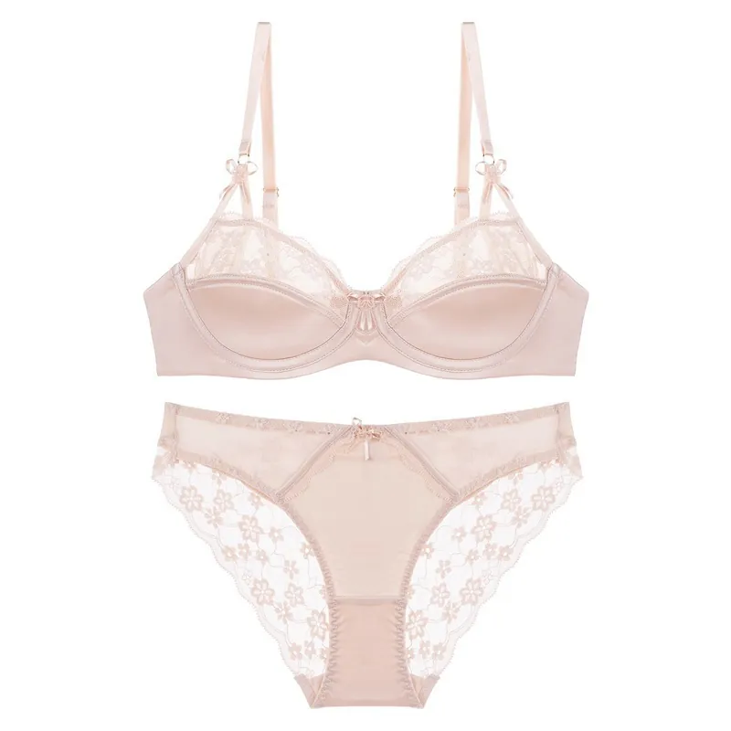 French Style Sexy Lace Bra And Panties Satin Floral Underwire Lingerie For Women Romantic Elegant Underwear Wardrobe Gift