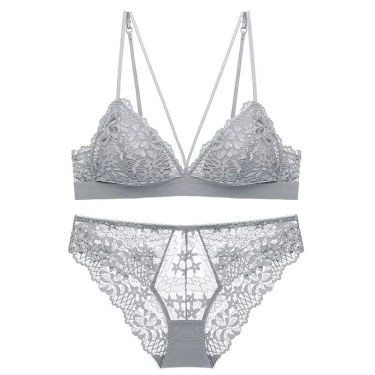 French Sexy Deep V Triangle Cup Lace Bra And Panty Thin Wireless Bralette Floral Embroidery Lingerie For Women Purple
