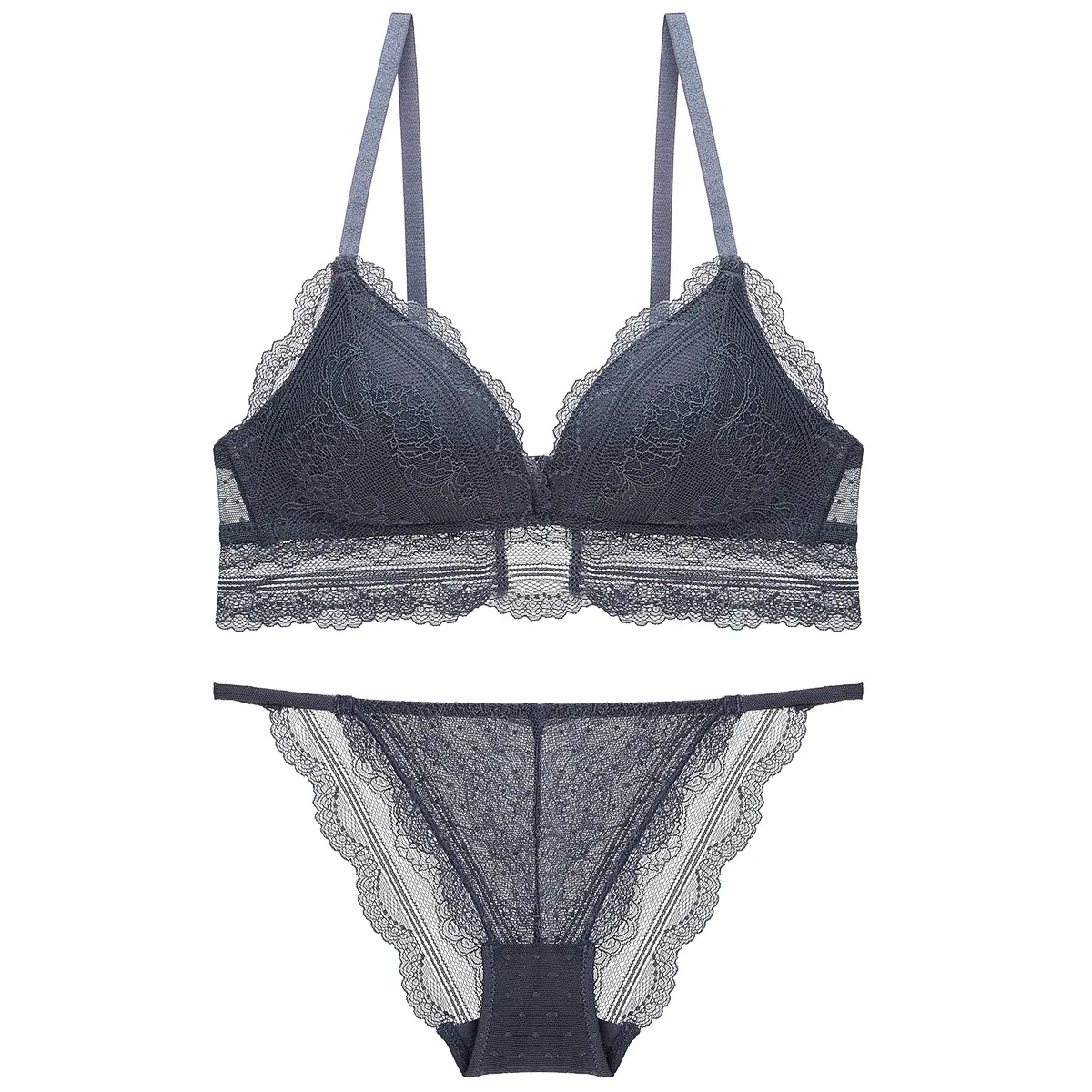 French Style Lace Bra Top And Bottom Sexy Thin Triangle Cup Wireless Side Support Lingerie Briefs