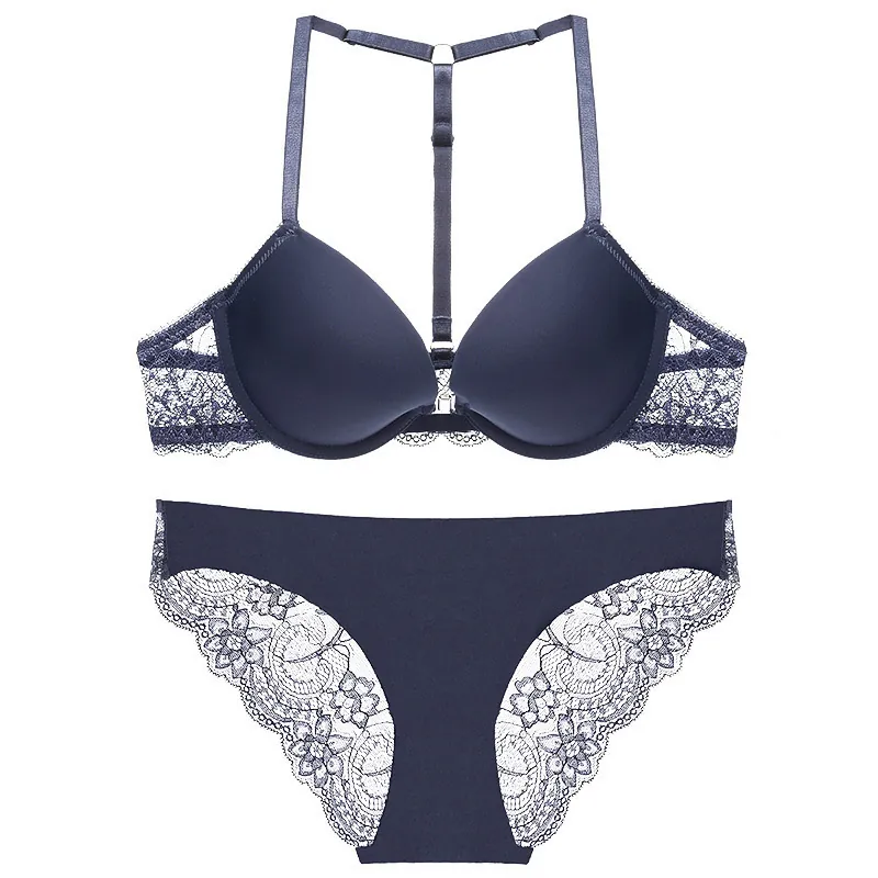 Ensemble de Lingerie Sexy en Dentelle pour Femmes Fermeture Devant Soutien-Gorge Push Up Sans Couture et Culotte