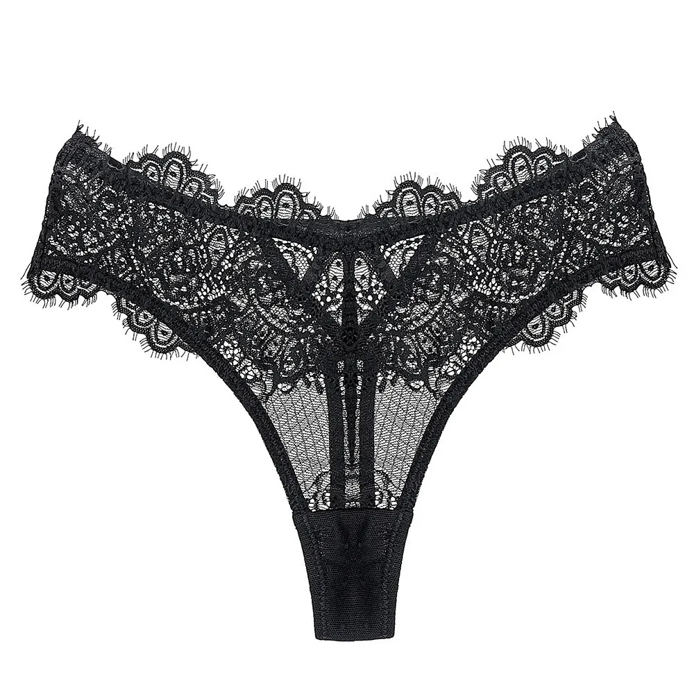 Women Sexy Lace Thong Panties Low Rise Sheer Mesh Floral Pattern Eyelash Lace Trim Breathable Cotton Crotch T-Back Underwear