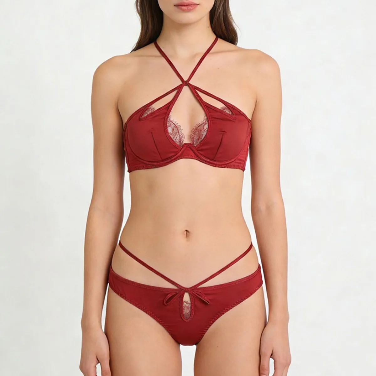 Ensemble de Lingerie Sexy en Satin Style Français pour Femmes Dentelle Col en V Profond Sangles Croisées Soutien-Gorge Push Up et Culotte Haut et Bas