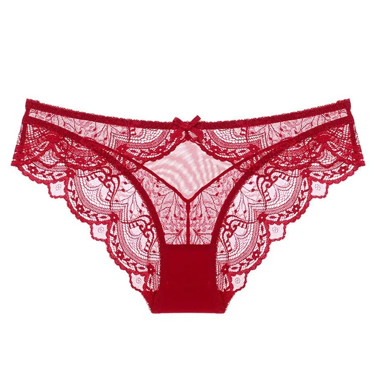 French Sexy Lace Panties For Women Ultra-thin Breathable Mesh Floral Bow Low Waist Cotton Crotch Triangle Briefs