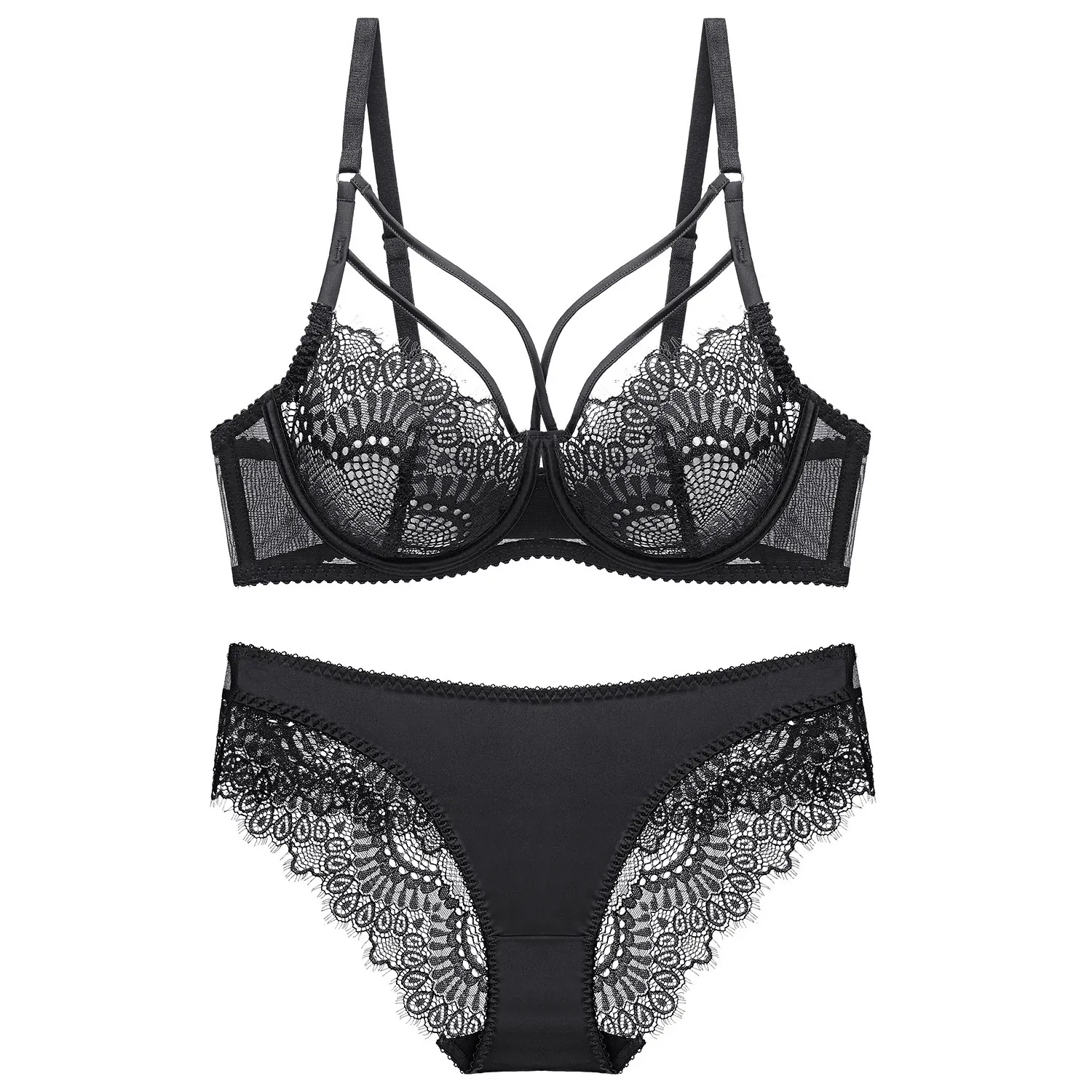 Vrouwen Sexy Kant Lingerie Beha En Slip Ultradun Transparant Push Up Bloemen Borduurwerk Beugel Ondergoed Top En Onder
