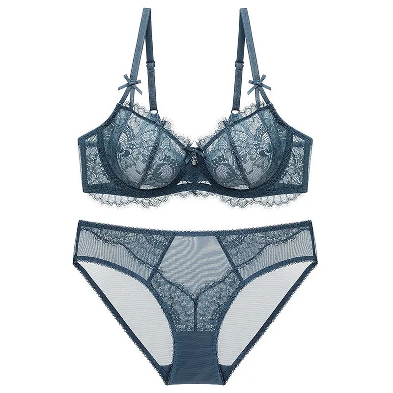 Sexy Ultra Thin Transparent Lace Bra And Panties For Women Eyelash Lace Lingerie Underwire Push Up Bra Panty
