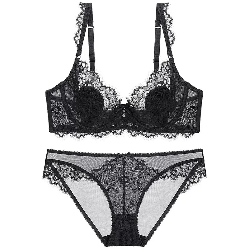 Ensemble Soutien-Gorge et Culotte en Dentelle Florale Sexy Lingerie Brodée en Nylon Spandex pour Femmes Ensemble de Sous-Vêtements en Maille Transparente