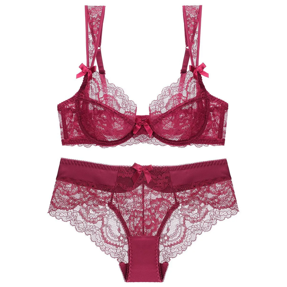 Lingerie en Dentelle Sexy pour Femmes Style Français Soutien-Gorge Et Culotte Ultra Fins Respirants Armatures Broderie Florale