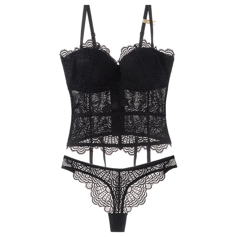 Damen Sexy Tiefer V Spitzen Dessous Körperformung Push Up BH Und Höschen Mit Strumpfhaltern Oberteil Und Unterteil Dessous