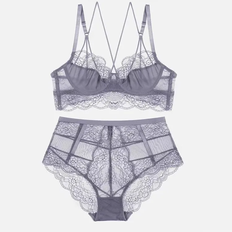 French Style Ultra-Thin Lace Sexy Criss-Cross Back Bra And Panty Top And Bottom For Women Transparent Breathable Lingerie