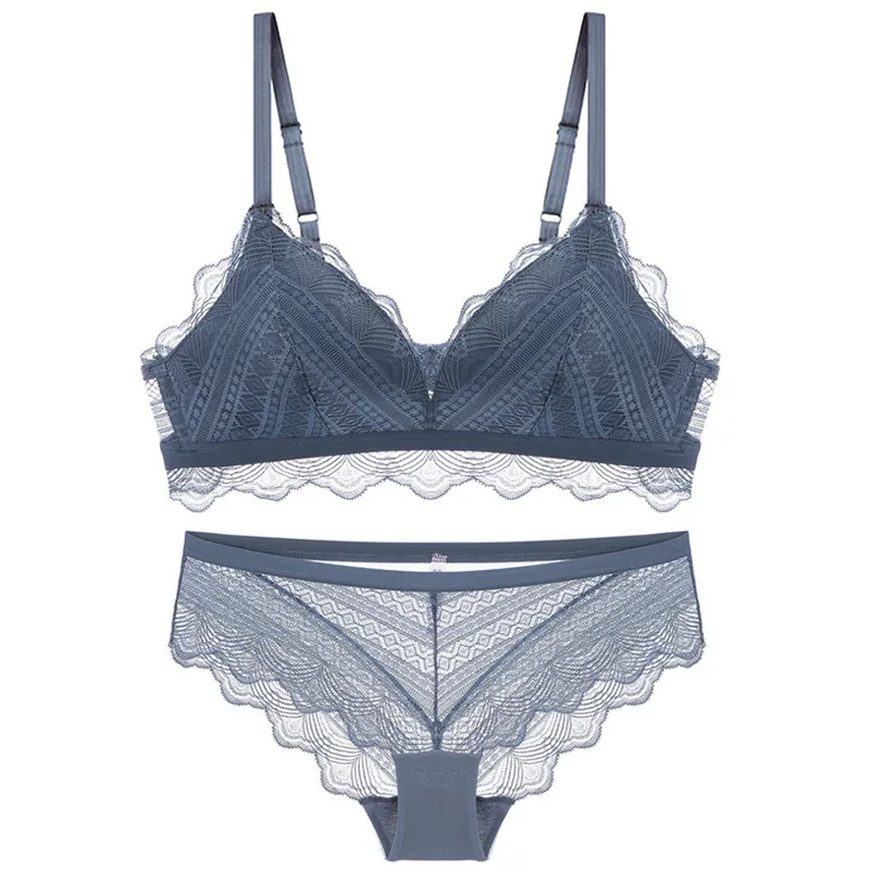 French Style Lace Bra Set Non-Wired Triangle Cup Padded Breathable Lingerie Top And Bottom For Women Elegant Sexy Underwear