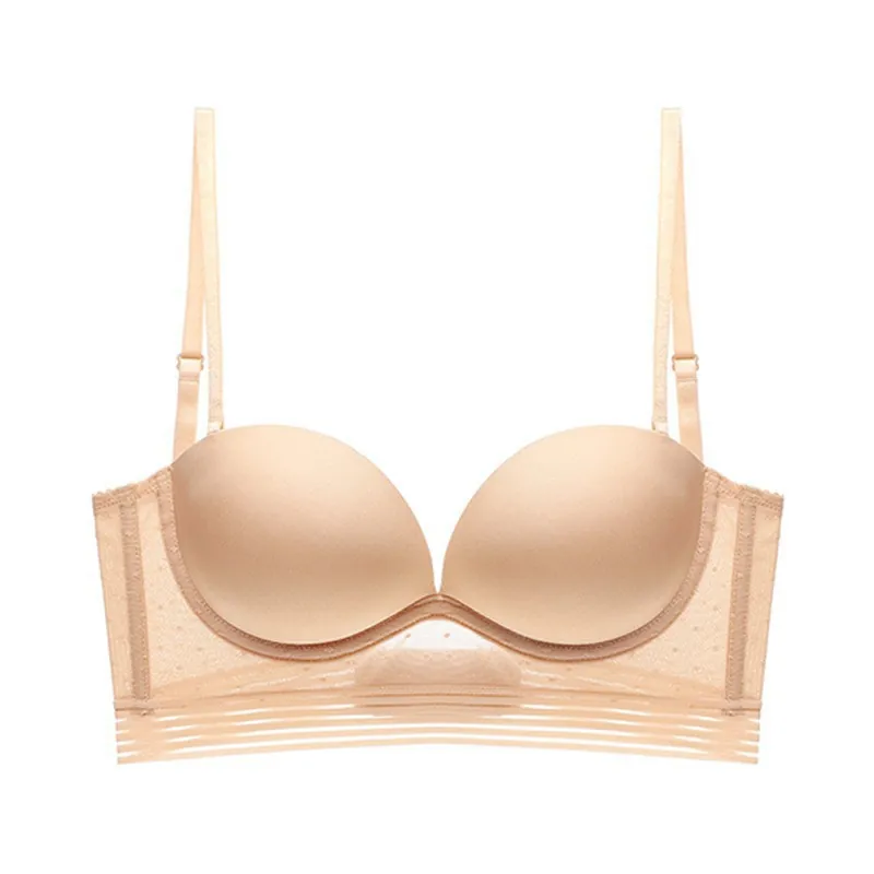 Seamless Push Up Bra For Women Sexy U Back Low Cut Wireless Lingerie Lace Mesh Dots Gathered Adjustable Straps Underwear