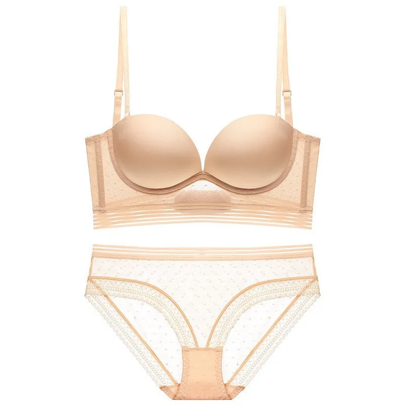 Ensemble de Soutien-Gorge Dos Nu Sans Couture Sexy pour Femmes Push Up Lingerie en Nylon avec Bordure en Dentelle à Pois