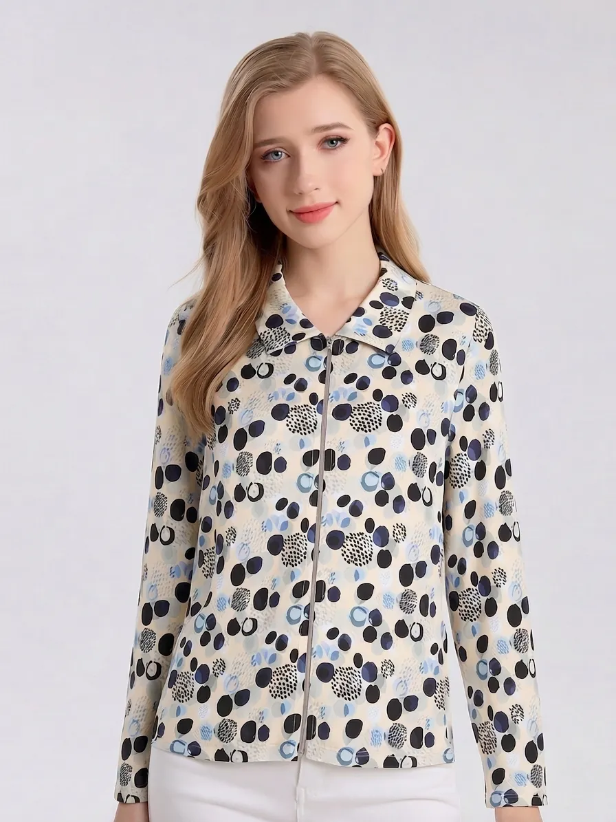 Women's Mulberry Silk Viscose Blend Lapel Zipper Long Sleeve Shirt Abstract Polka Dot Print Casual Breathable Top Jacket