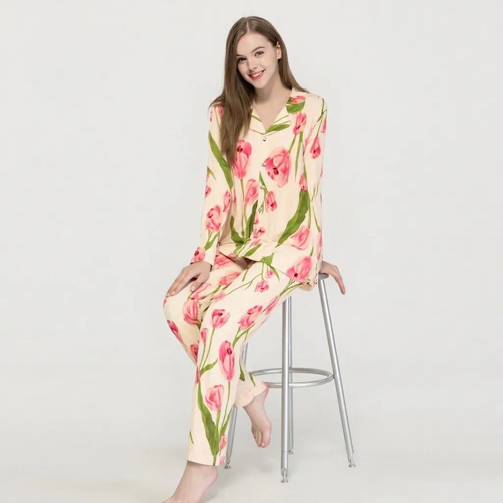Pyjama en Mélange de Soie de Mûrier pour Femmes Haut à Manches Longues Et Pantalon Imprimé Tulipe Floral Vêtements de Nuit