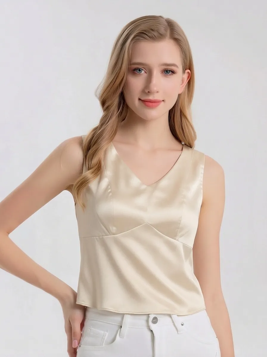 Women's Mulberry Silk Tank Top V-Neck Sleeveless Top With Built-in Chest Pads Elegant 16 Momme Silk Satin Camisole Daily