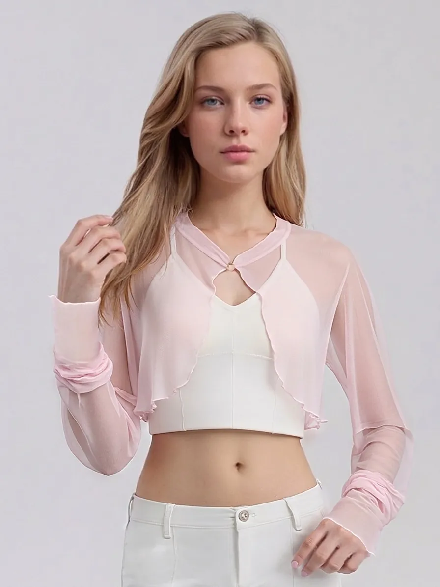 Women 100% Mulberry Silk Mesh Sun Protection Bolero Shrug Ultra Short Sheer Long Sleeve Knitted Cardigan Top For Summer