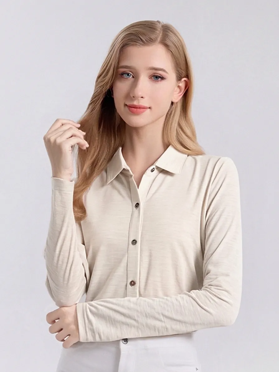 Chemise en Tricot de Laine Australienne pour Femmes Manches Longues Revers Simple Boutonnage Couleur Unie Top