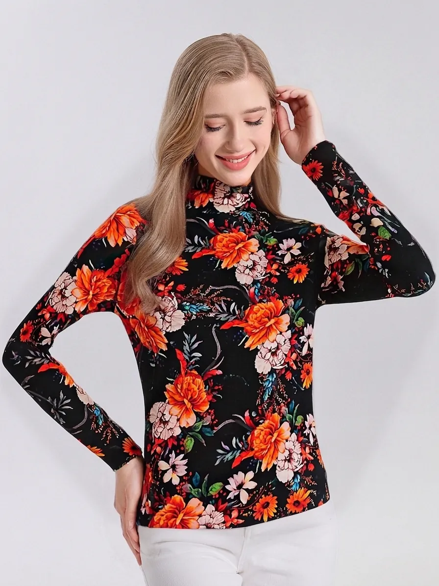 Women's 100% Superfine Wool Turtleneck Printed Sweater Loose Long Sleeve Pullover Elegant Floral Knit Top