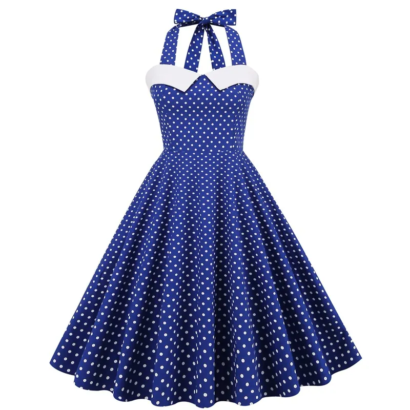Abito Donna Vintage a Pois Scollo Americana Anni 50 Rockabilly Stile Audrey Hepburn Gonna a Ruota Festa Estiva in Cotone
