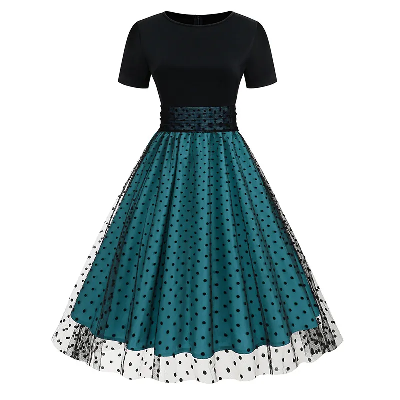 Vintage Polka Dot Mesh Patchwork Midi Dress For Women Audrey Hepburn Style Round Neck Short Sleeve A-Line Elegant Party Cocktail Dress