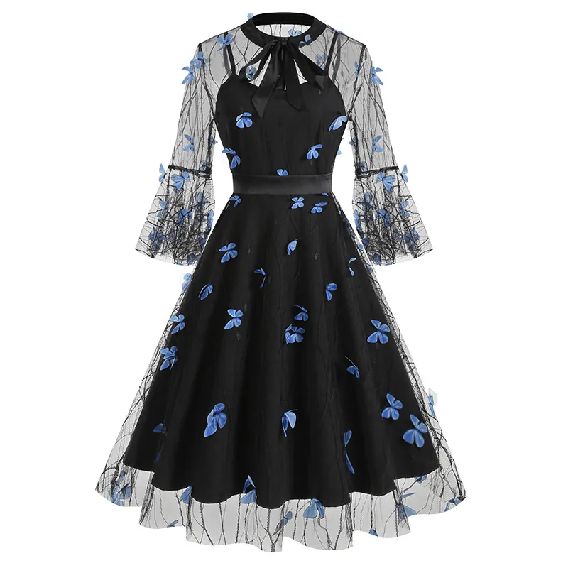 Women Retro Gothic Mesh Embroidery Dress Vintage Bow Tie Neck Flare Sleeve A-Line Party Gown Halloween Dress