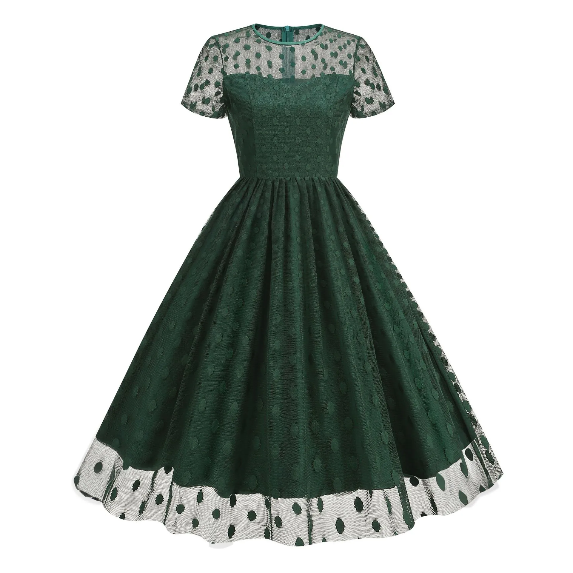 Women Vintage 1950s Hepburn Style Polka Dot Mesh Midi Dress Elegant Round Neck Short Sleeve A-Line Party Cocktail Dress