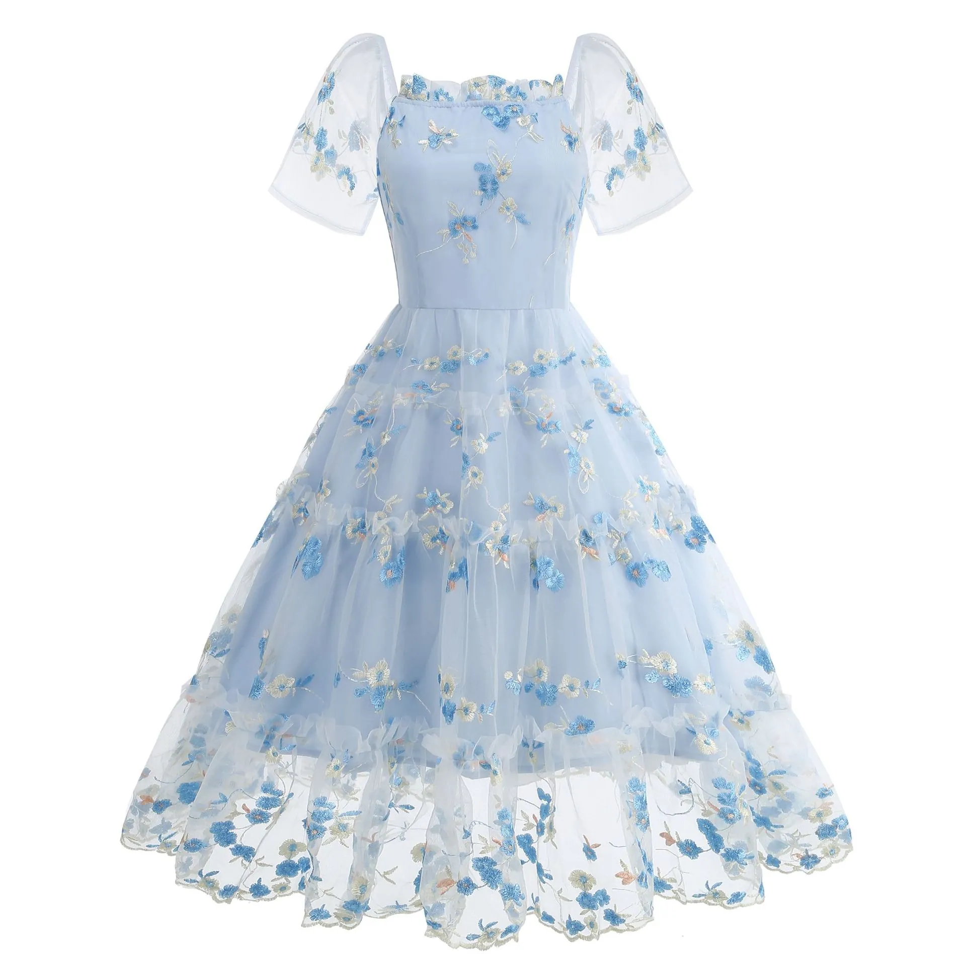 Vintage Square Neck Puff Sleeve Floral Embroidered Mesh Dress For Women Elegant Tiered Cake A-Line Party Midi Dress