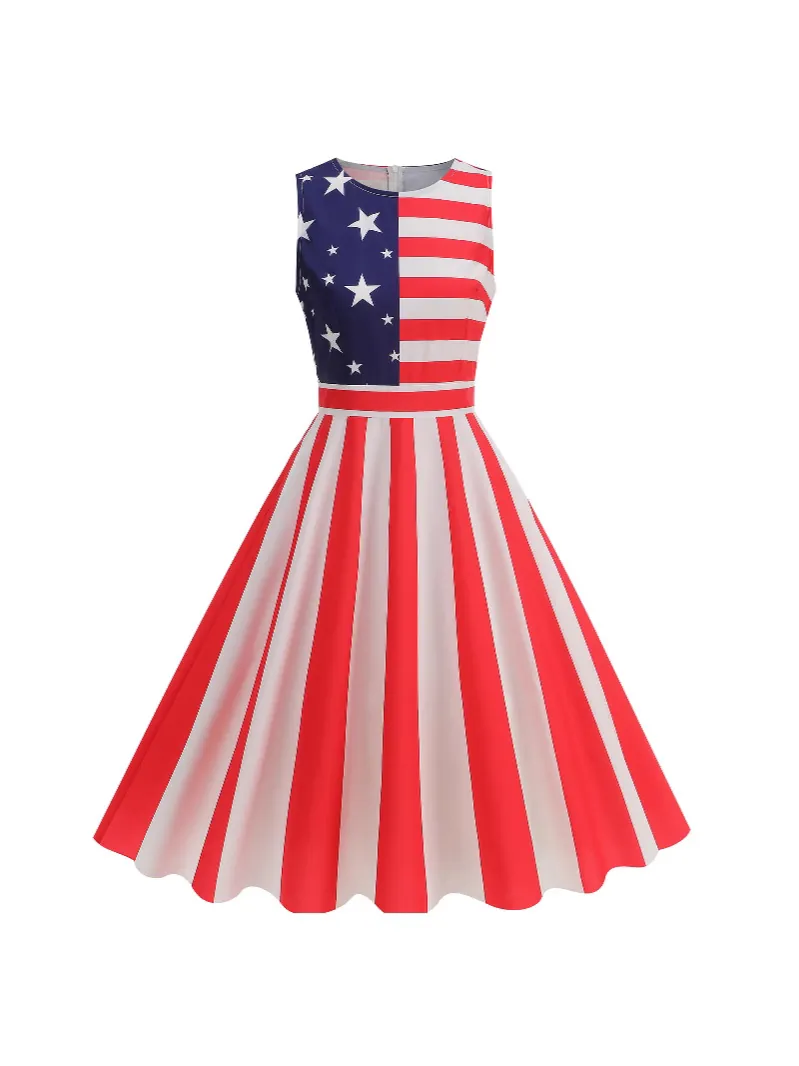Women Retro Independence Day Sleeveless Midi Dress Patriotic USA Flag Stars Stripes Print A-Line Summer Party Dress