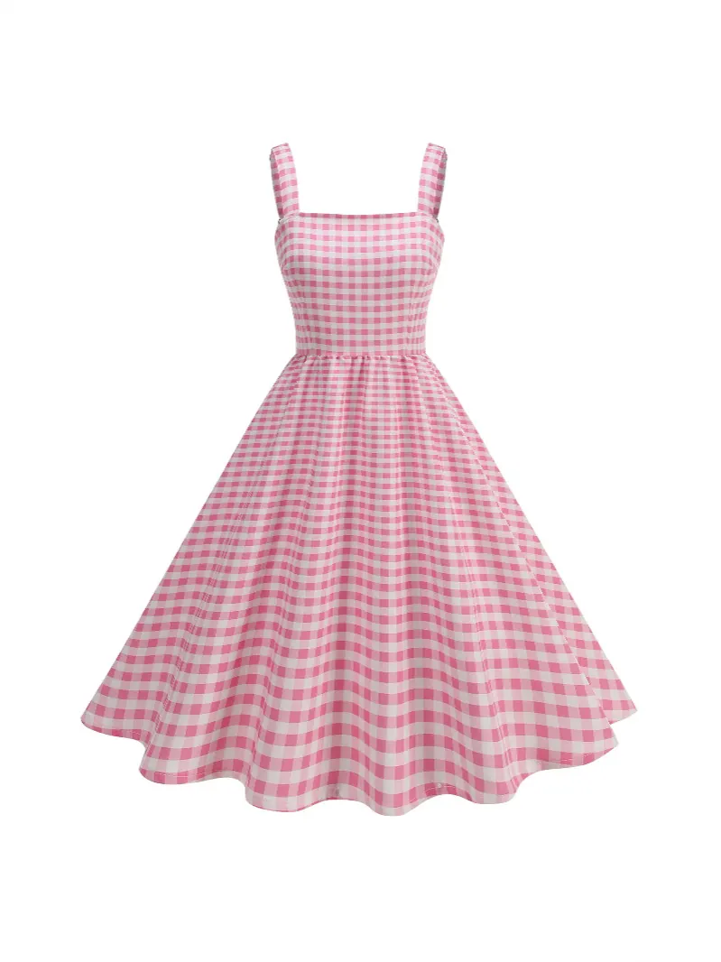 Women Vintage Gingham Maxi Dress Square Neck Sleeveless A-Line Back Smocking Retro Plaid Long Sundress For Summer Vacation