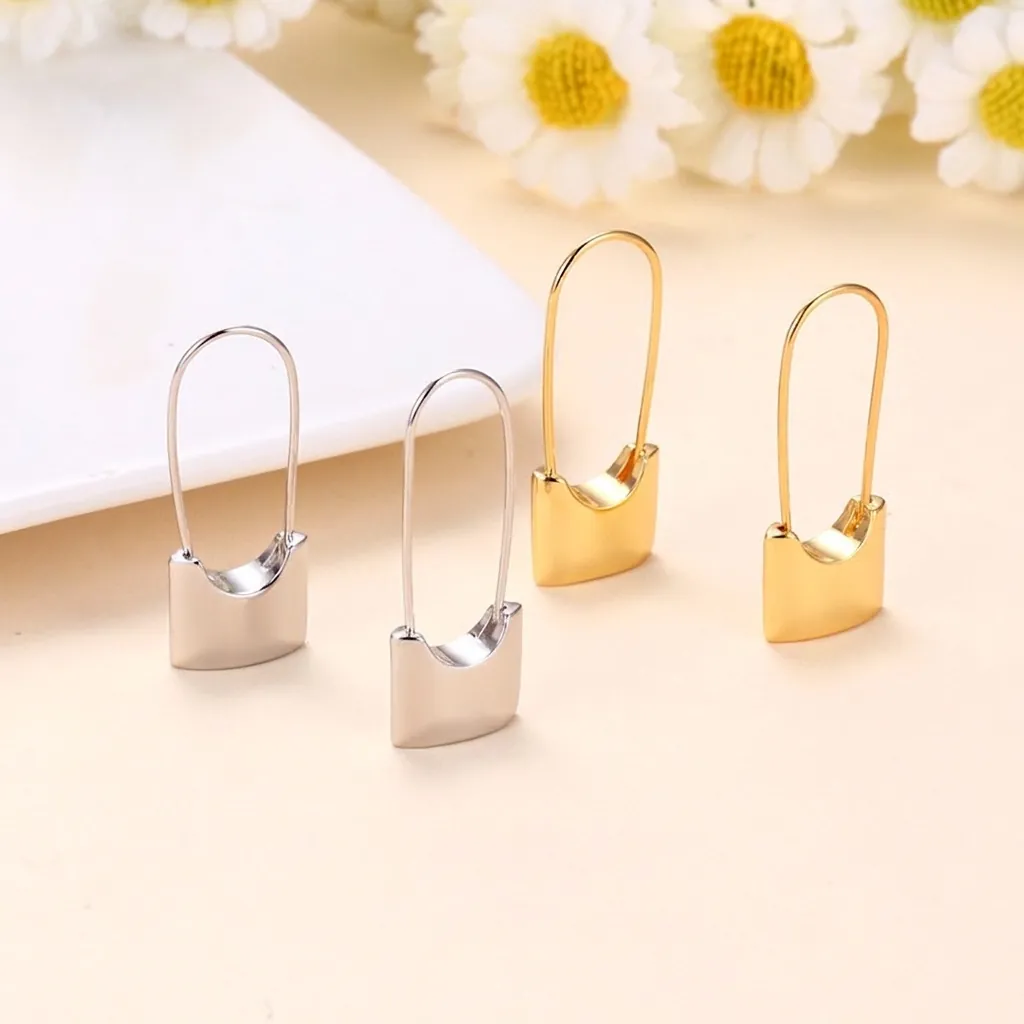 Lock Dangle Earrings Brass 18K Gold Plated Safety Pin Shape High Polished Minimalist Vintage Style Jewelry