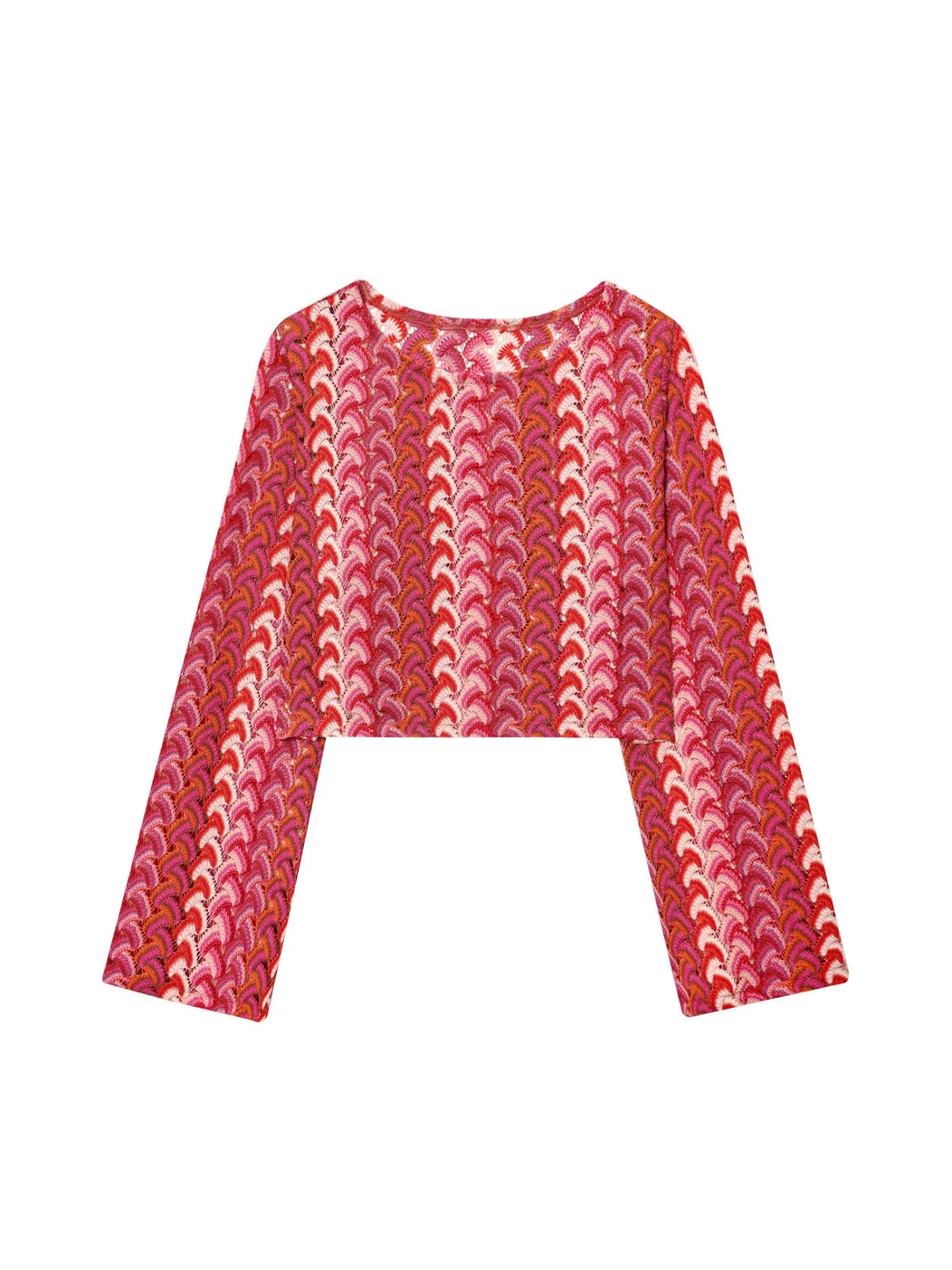 Haut Court À Manches Longues En Tricot Crocheté À Zigzag Multicolore Et Pantalon Large Taille Haute Pour Femmes