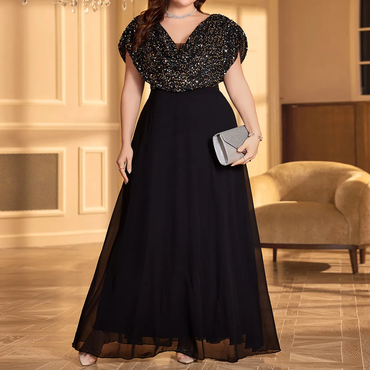 Plus Size V Neck Sequin Evening Gown For Women Elegant Black A-Line Chiffon Maxi Dress For Wedding Party Banquet