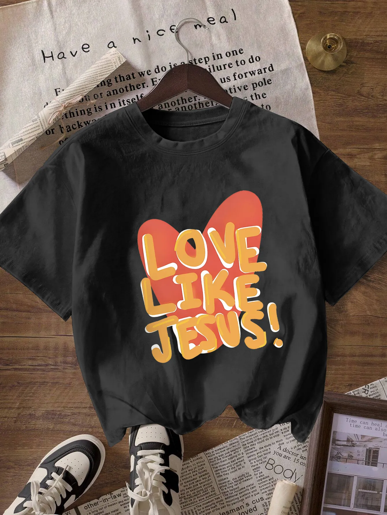 Women's Fashion Short Sleeve T-Shirt Love Like Jesus Heart Print Soft Milk Silk Loose Casual Round Neck Tee Top For Women