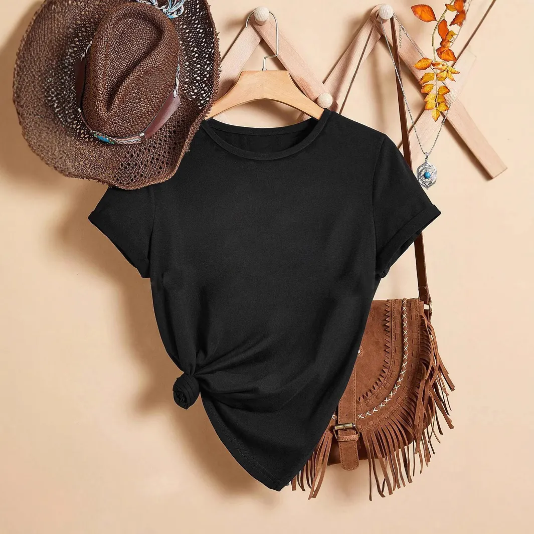 Γυναικείο Casual T-Shirt από Μείγμα Βαμβακιού Στρογγυλή Λαιμόκοψη Κοντό Μανίκι Με Λεπτομέρεια Κόμπου Μονόχρωμο Καλοκαιρινό Τοπ