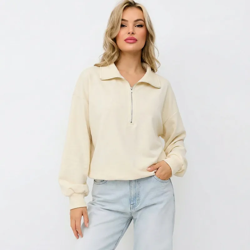 Women Half Zip Lapel Sweatshirt Casual Long Sleeve Drop Shoulder Pullover Solid Color Autumn Winter Fashion Loose Top