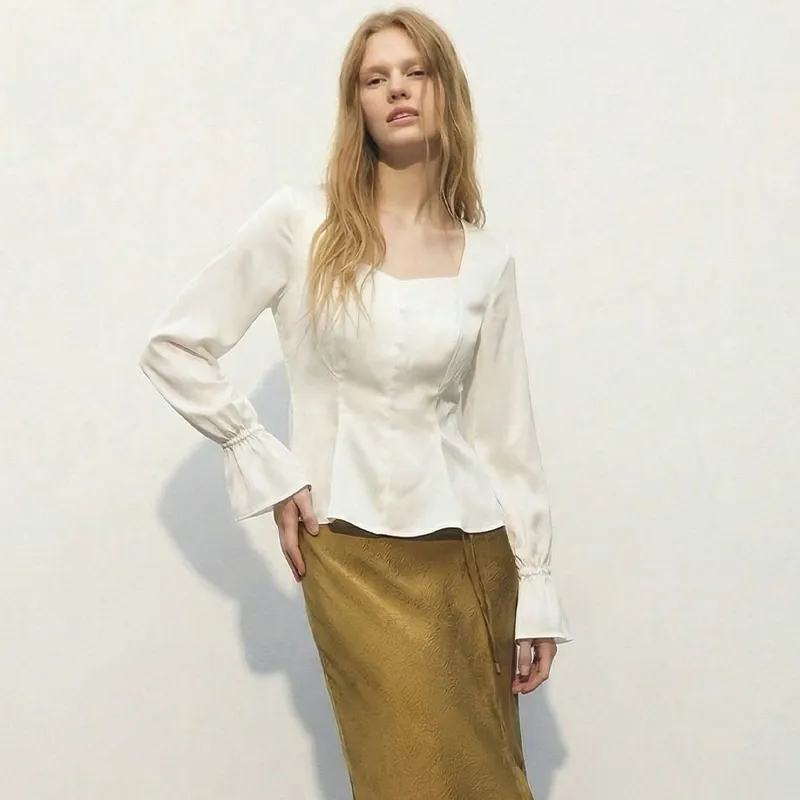 Camicetta da Donna Elegante in Raso Peplum Manica Lunga a Lanterna Scollo Quadrato Vestibilità Aderente Polsini con Volant Top Primavera Autunno