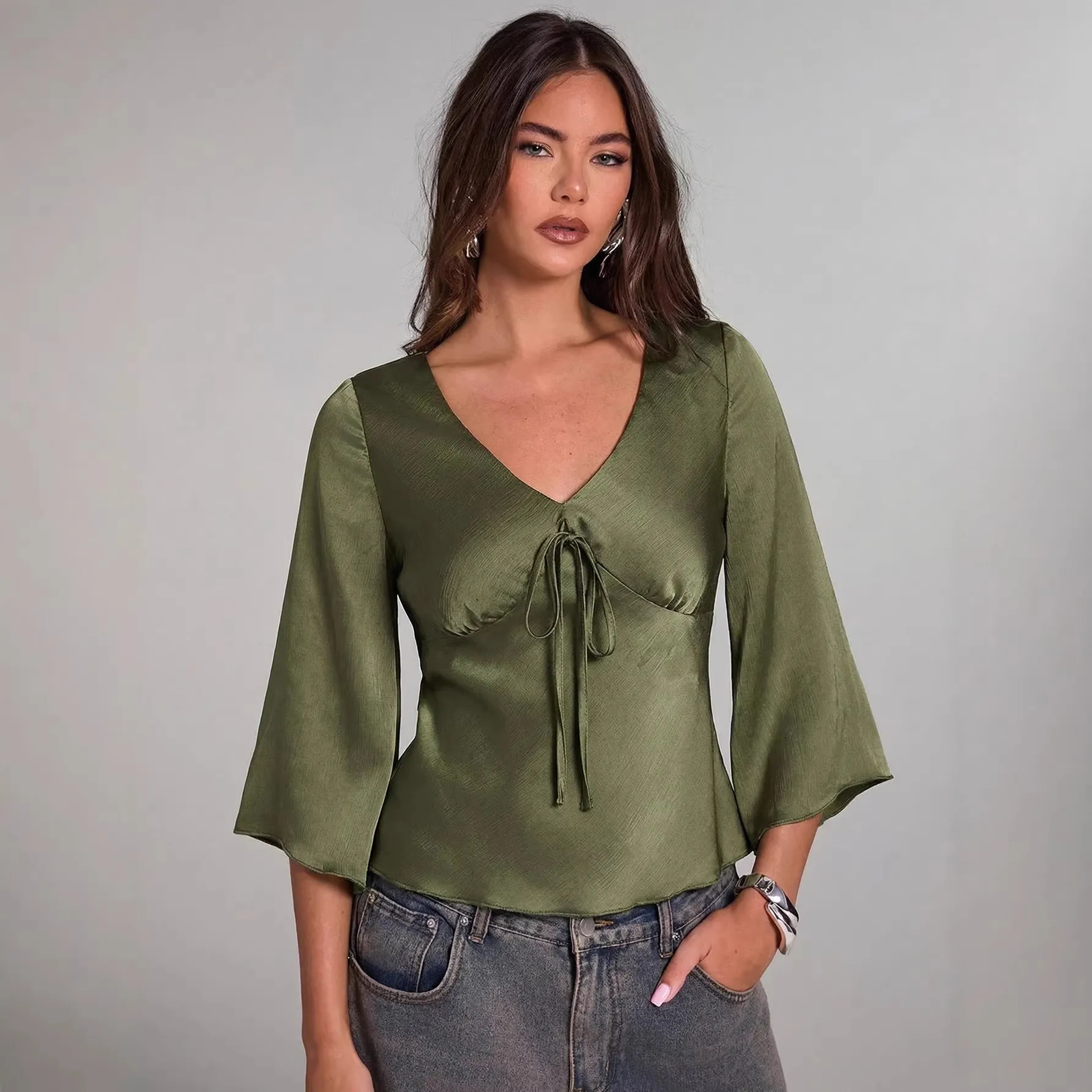 Elegant Satin V Neck Blouse For Women Solid Color Bell Sleeve Tie Up Front Slim Fit Blouse Shirt Pullover Top