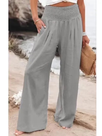 Women High Waist Wide Leg Pants Smocked Elastic Waist Casual Loose Trousers With Pockets Summer Beach Bohemian Palazzo Pants