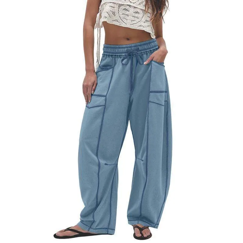 Women Loose Wide Leg Cargo Pants Casual High Waist Drawstring Trousers With Contrast Stitching Pockets Summer Fashion Pants